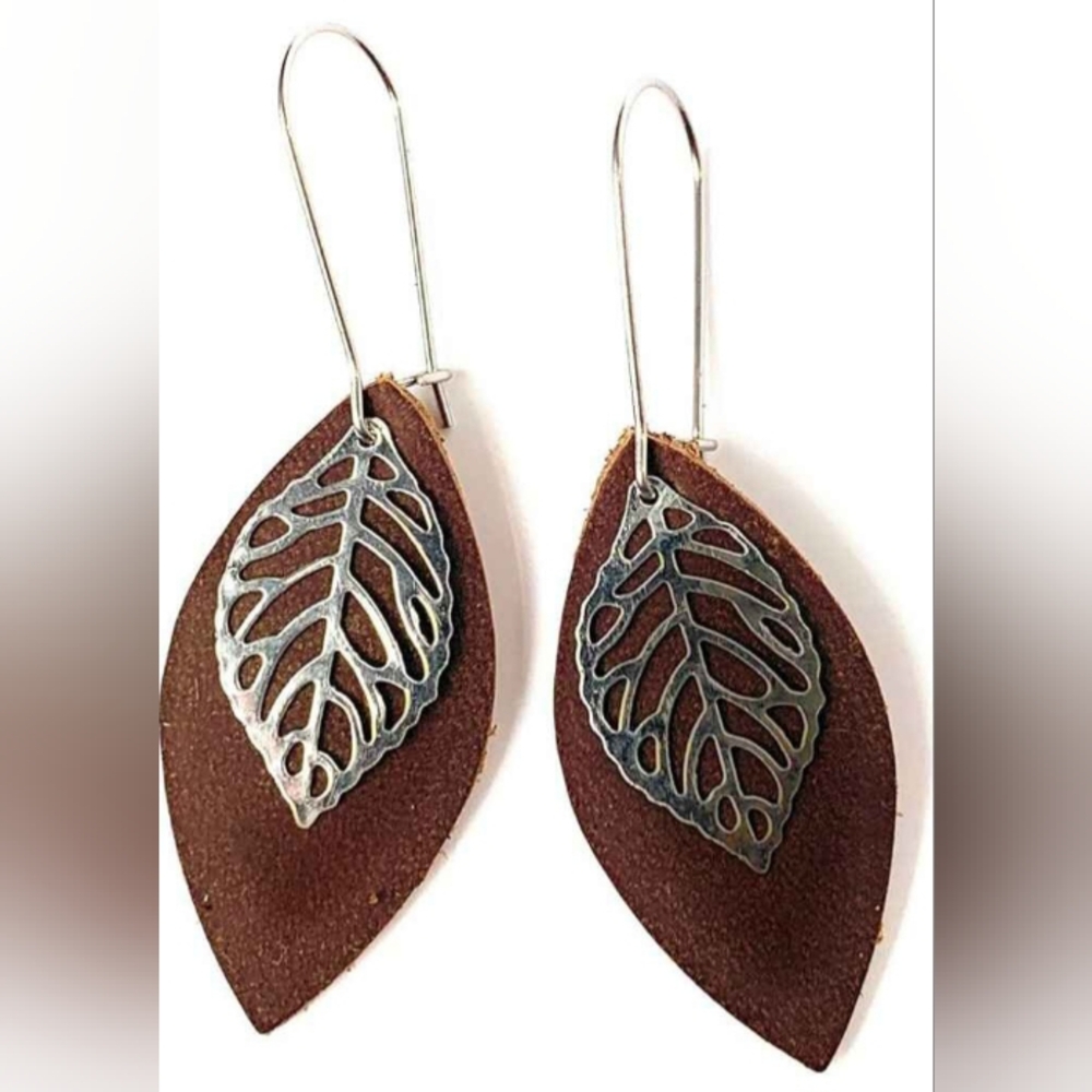 Leather Leaf Earrings Rustic Brown Leather Petal with Stainless steel Leaf Charm - Picture 2 of 6